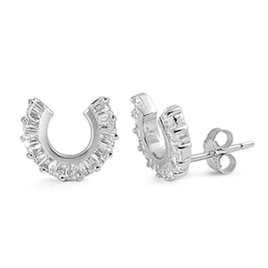 Horseshoe Earrings Clear Simulated CZ .925 Sterling Silver