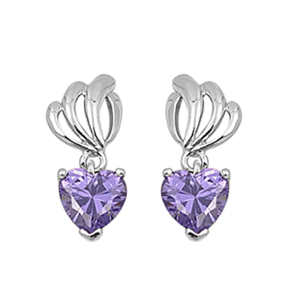 Heart Hanging Earrings Simulated Amethyst .925 Sterling Silver