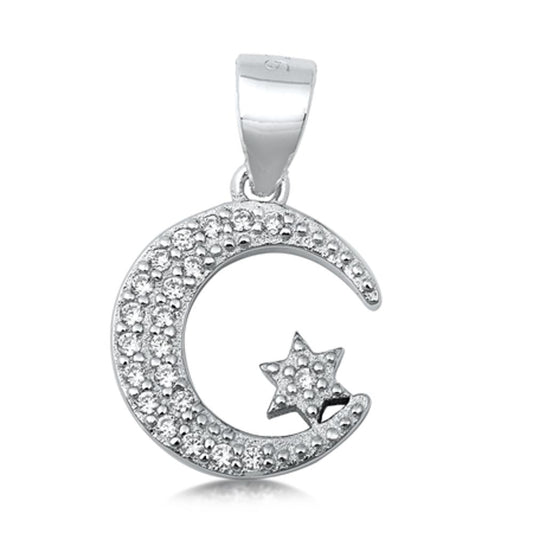 Sterling Silver Clear CZ Crescent Moon Pendant Star Cluster Micro Pave Charm 925