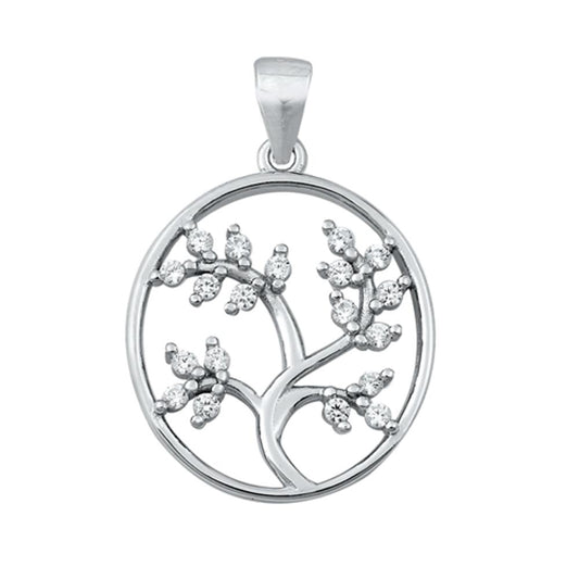 Sterling Silver Clear CZ Tree of Life Pendant Open Hoop Leaf Branch Nature Charm