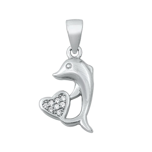 Sterling Silver High Polish Clear CZ Dolphin Pendant Promise Heart Love Charm