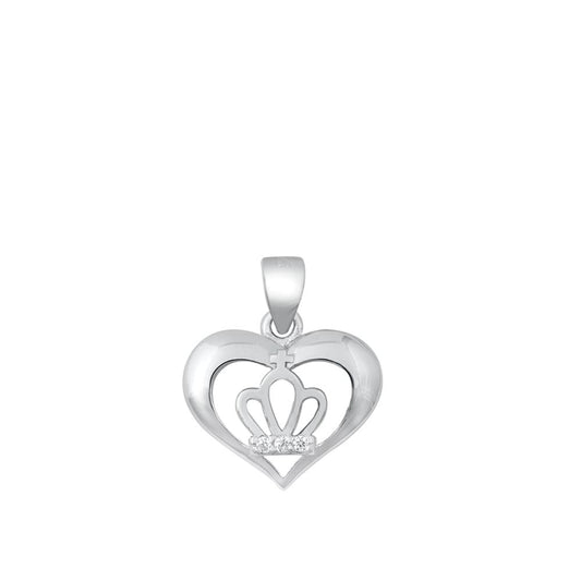 Sterling Silver High Polish Clear CZ Promise Heart Pendant Crown Love Charm 925