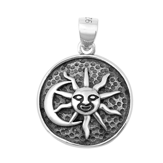 Sterling Silver Sun Moon Pendant Hammered Detail Oxidized Circle Medallion Charm