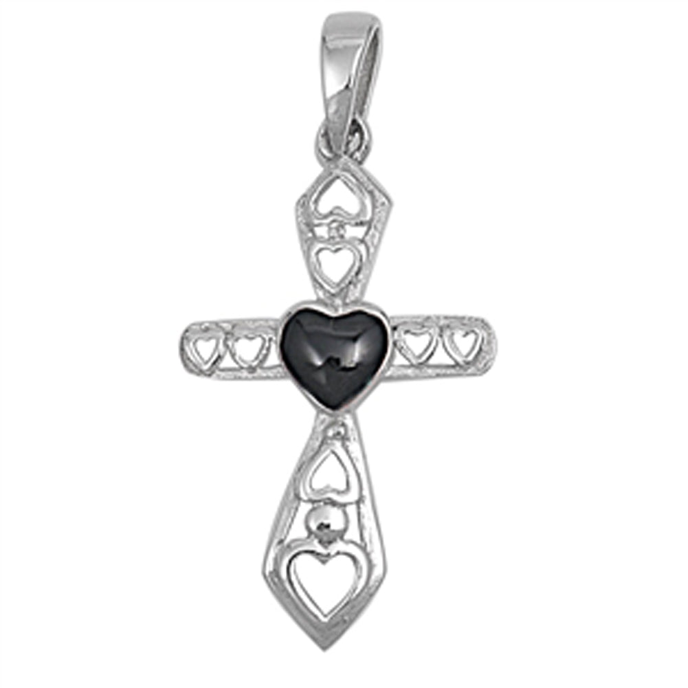 Cutout Heart Cross Pendant Black Simulated Onyx .925 Sterling Silver Charm