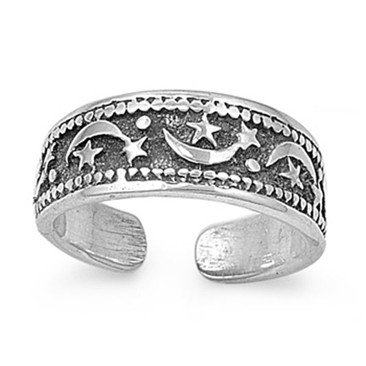 Sterling Silver Fashion Moon & Star Toe Ring Adjustable Astrological Midi Band