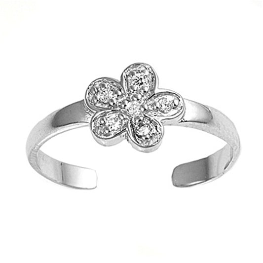Sterling Silver Promise Clear CZ Plumeria Toe Ring Adjustable Flower Midi Band
