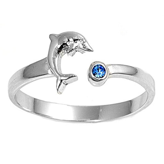 Sterling Silver Blue Sapphire CZ Dolphin Animal Toe Ring Adjustable Midi Band