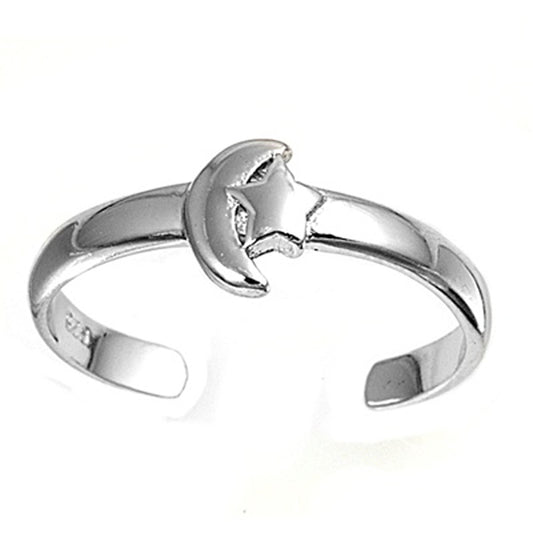 Sterling Silver Classic Moon & Star Toe Ring Adjustable Astrological Midi Band