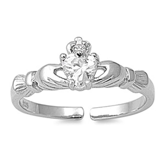 Heart Solitaire Claddagh Clear Simulated CZ .925 Sterling Silver Toe Ring