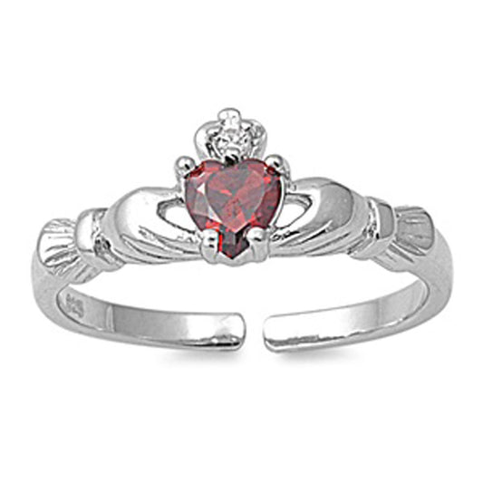 Heart Solitaire Claddagh Simulated Garnet Clear Simulated CZ .925 Sterling Silver Toe Ring