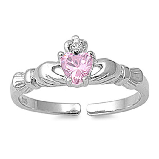 Heart Solitaire Claddagh Pink Simulated CZ Clear Simulated CZ .925 Sterling Silver Toe Ring