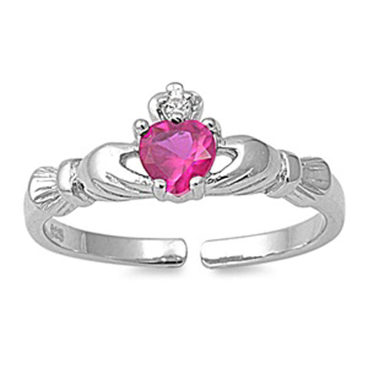 Heart Solitaire Claddagh Simulated Ruby Clear Simulated CZ .925 Sterling Silver Toe Ring