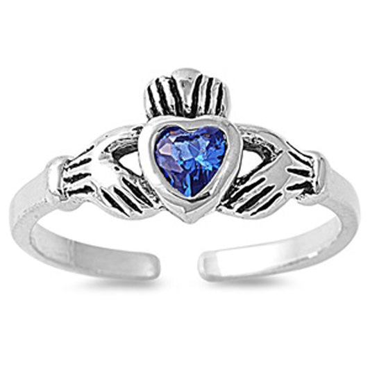 Heart Solitaire Claddagh Blue Simulated Sapphire .925 Sterling Silver Toe Ring