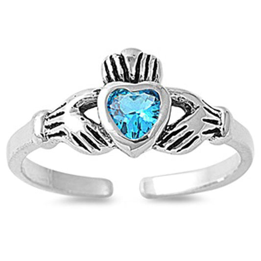 Heart Solitaire Claddagh Blue Simulated Topaz .925 Sterling Silver Toe Ring
