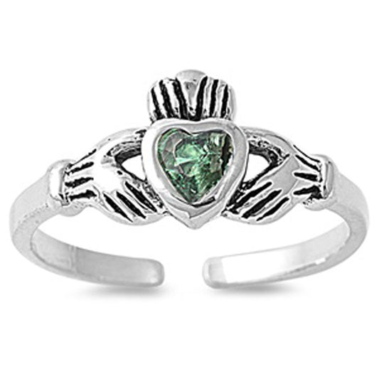 Heart Solitaire Claddagh Simulated Emerald .925 Sterling Silver Toe Ring