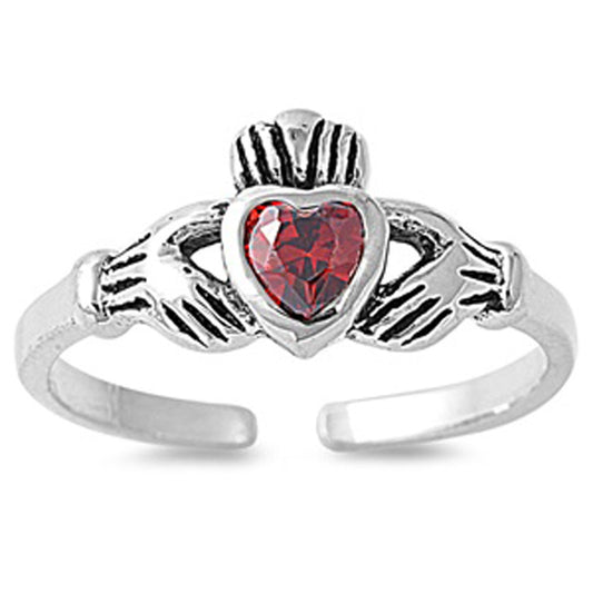 Heart Solitaire Claddagh Simulated Garnet .925 Sterling Silver Toe Ring