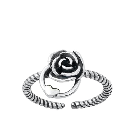 Sterling Silver Polished Oxidized Rose Heart Twist Toe Ring Adjustable Midi Band