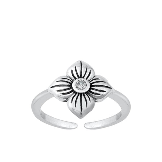 Sterling Silver Wholesale Clear CZ Oxidized Flower Ring Toe Midi Adjustable Band