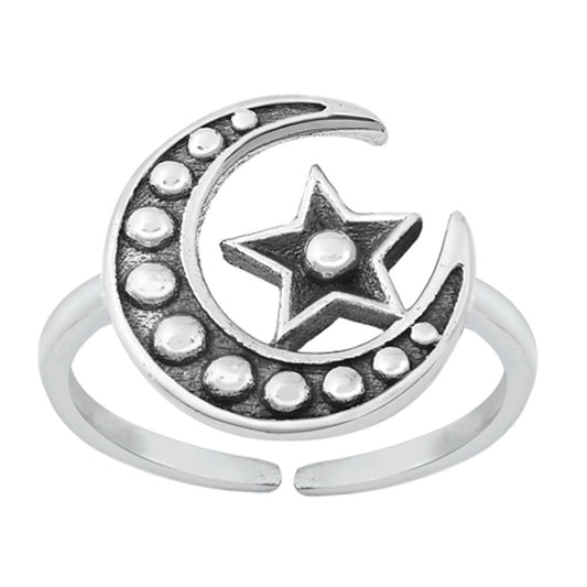 Sterling Silver Unique Oxidized Bali Star Moon Toe Ring Adjustable Midi Band 925