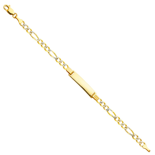 14k Yellow Gold 6" Diamond-Cut Pave Figaro ID Bracelet Lobster Clasp Polished