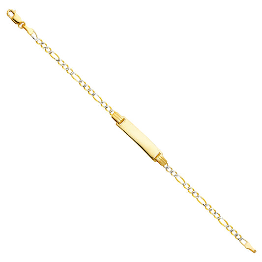 14k Yellow Gold 6" Diamond-Cut Pave Figaro ID Bracelet Lobster Clasp Polished