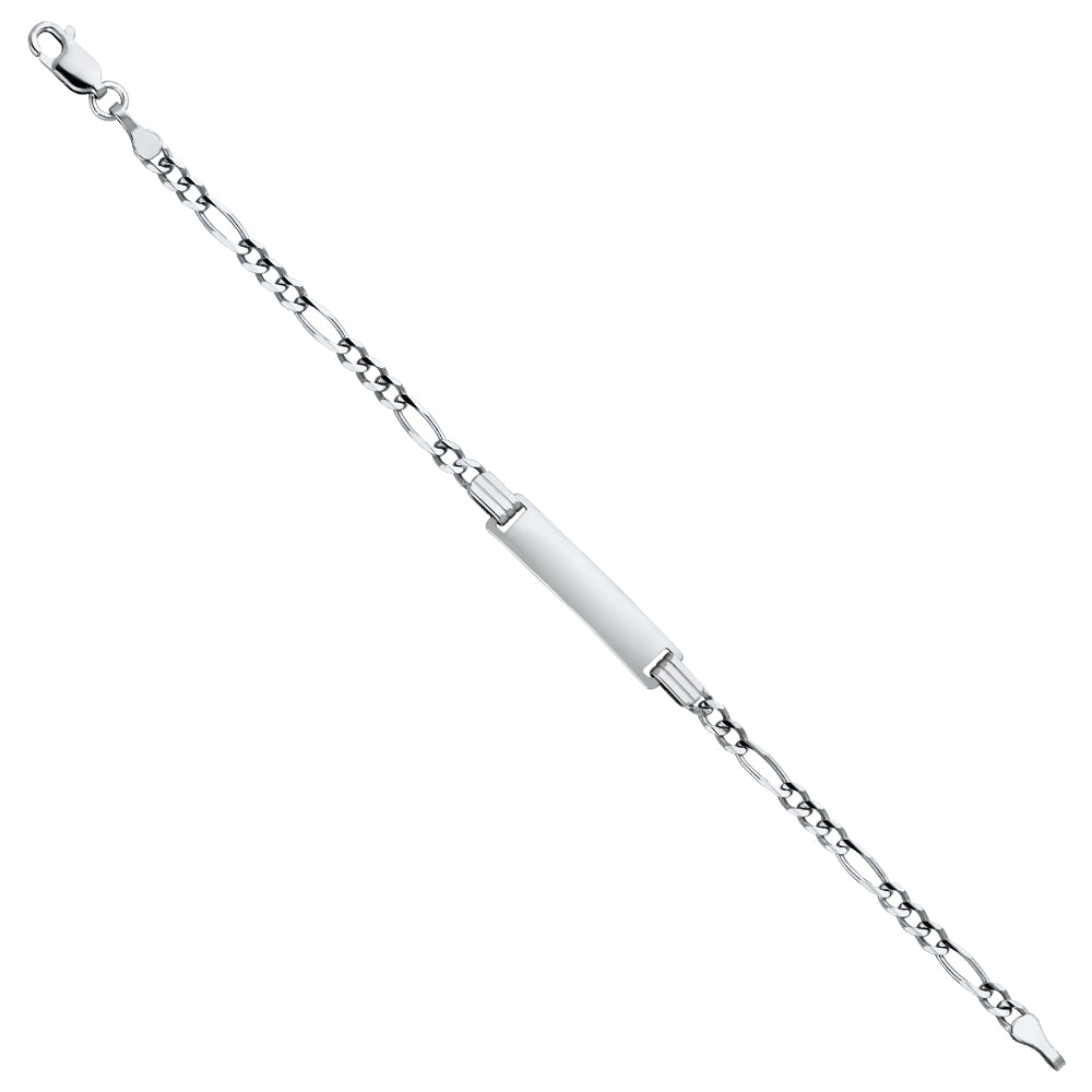 14k White Gold 6" Diamond-Cut Figaro ID Bracelet Lobster Clasp High Polished