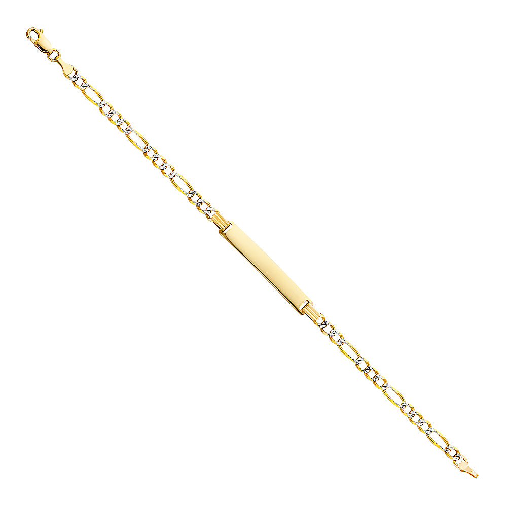 14k Yellow Gold 7.5" Diamond-Cut Pave Figaro ID Bracelet Lobster Clasp Polished