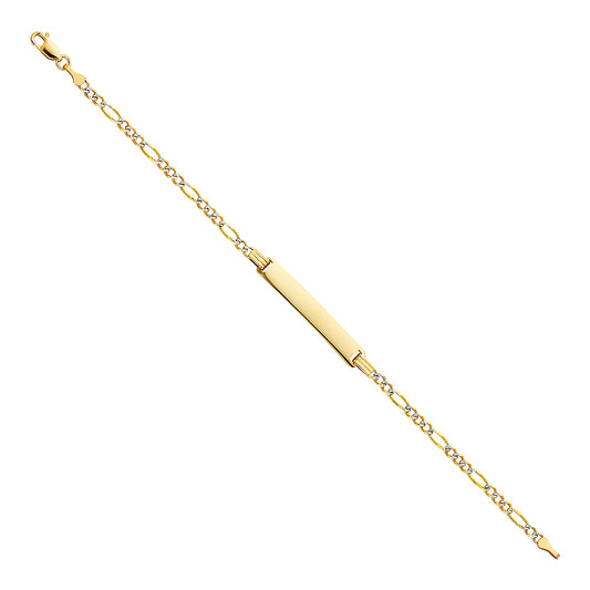 14k Yellow Gold 7.5" Diamond-Cut Pave Figaro ID Bracelet Lobster Clasp Polished