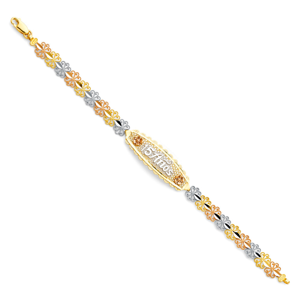 14k Yellow White Rose Gold 7.25" Diamond-Cut Flower 15 Años Birthday Bracelet