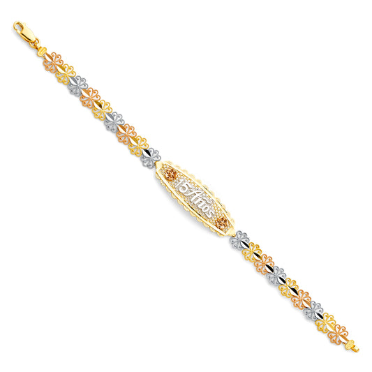 14k Yellow White Rose Gold 7.25" Diamond-Cut Flower 15 Años Birthday Bracelet
