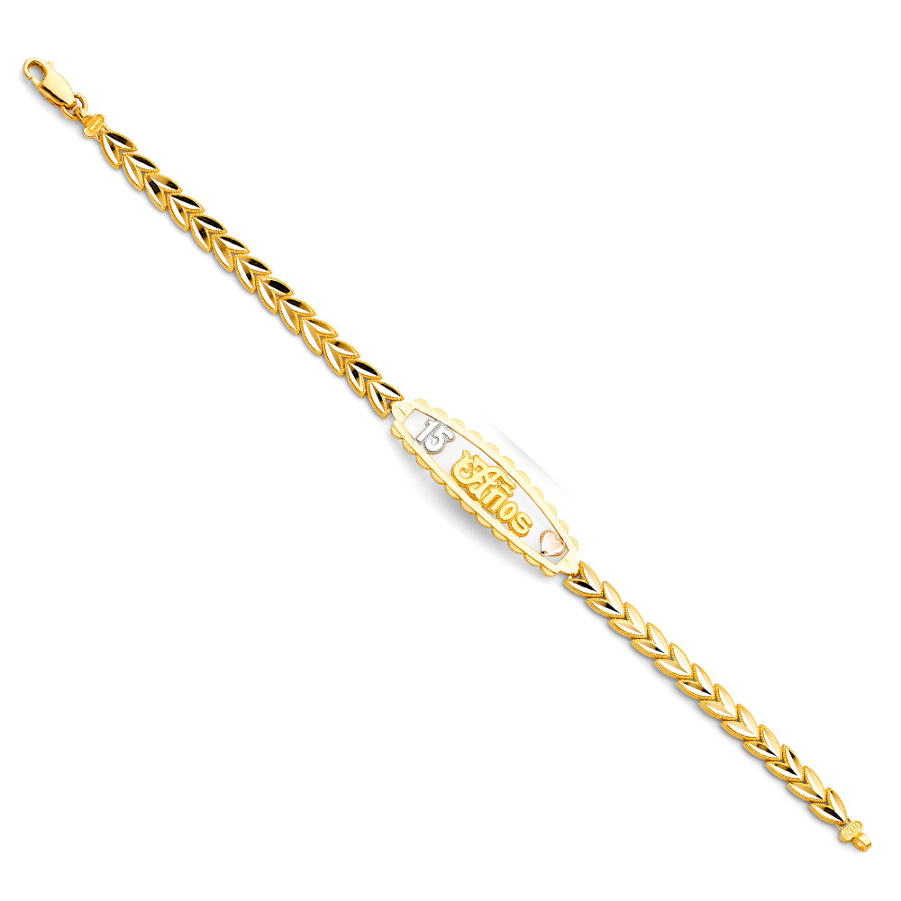 14k Yellow White Rose Gold 7.25" Diamond-Cut Flower 15 Años Birthday Bracelet