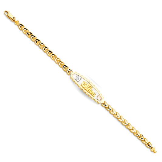 14k Yellow White Rose Gold 7.25" Diamond-Cut Flower 15 Años Birthday Bracelet
