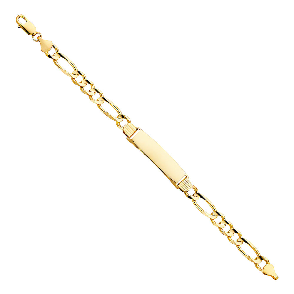 14k Yellow Gold 8.5" Diamond-Cut Figaro ID Bracelet High Polished Lobster Clasp