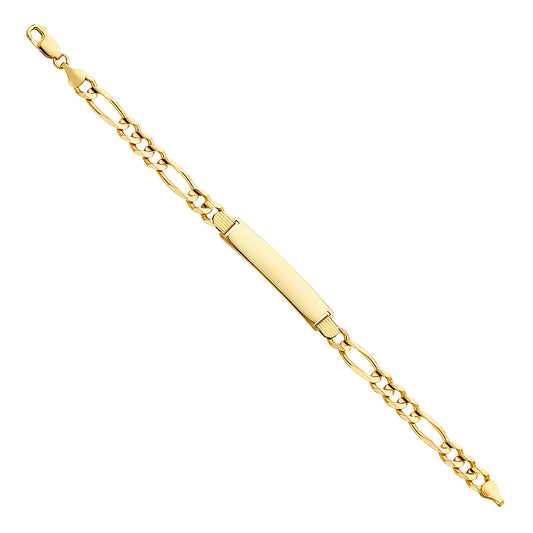 14k Yellow Gold 8.5" Diamond-Cut Figaro ID Bracelet High Polished Lobster Clasp
