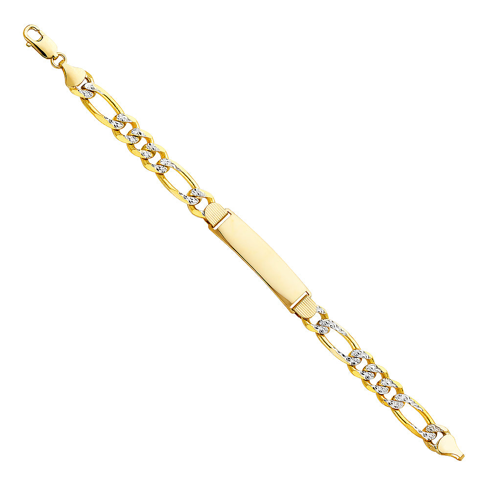 14k Yellow Gold 8.5" Diamond-Cut Pave Figaro ID Bracelet Polished Lobster Clasp