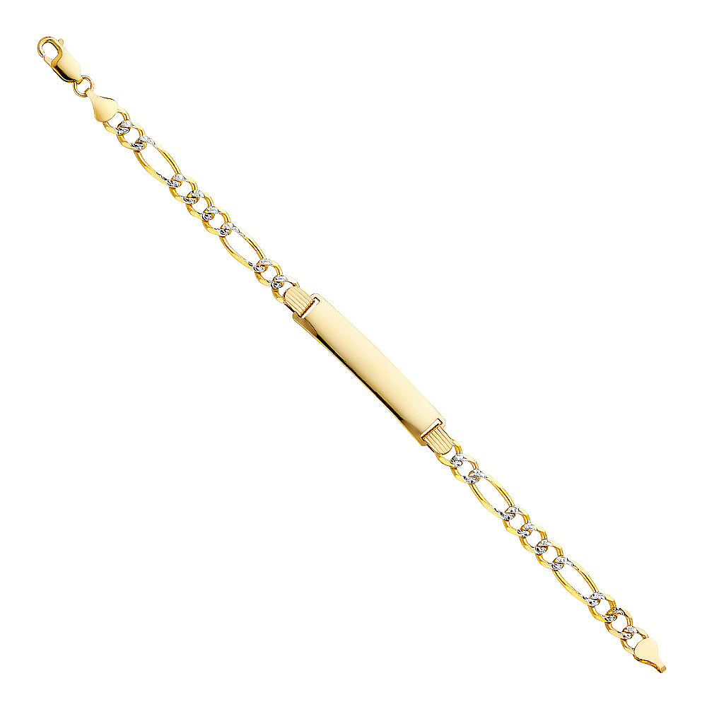 14k Yellow Gold 8.5" Diamond-Cut Pave Figaro ID Bracelet Polished Lobster Clasp