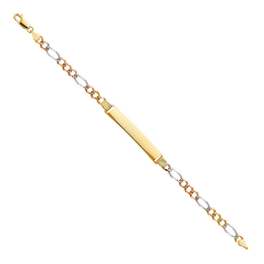 14k Yellow White Rose Gold 7.5" Diamond-Cut Figaro ID Bracelet Lobster Clasp