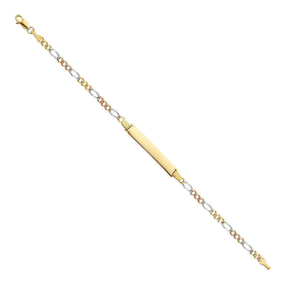 14k Yellow White Rose Gold 7.5" Diamond-Cut Figaro ID Bracelet Lobster Clasp