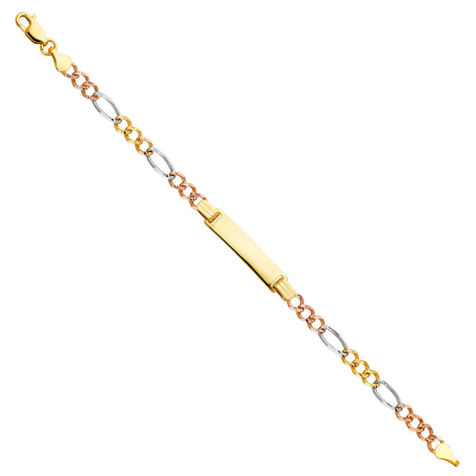 14k Tri Color Yellow White Rose Gold Diamond-Cut Pave Figaro Link 6" ID Bracelet
