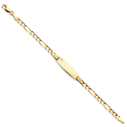 14k Yellow Gold Figaro Link 6" Diamond-Cut ID Bracelet Heart High Polished