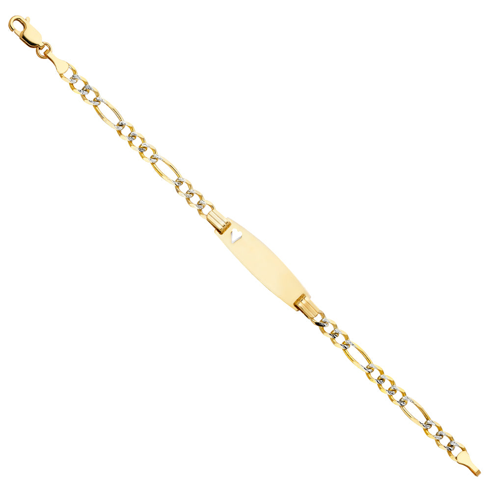14k Yellow Gold & White Figaro Link 6" Diamond-Cut Pave ID Bracelet w/ Heart