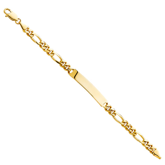 14k Yellow Gold 6" Diamond-Cut Figaro Link ID Bracelet Lobster Clasp High Polish