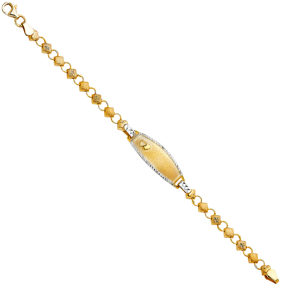 14k Yellow & White Gold 6" Fancy ID Bracelet w/ Hearts Pear Clasp High Polished