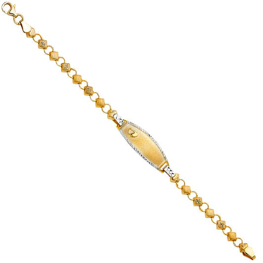 14k Yellow & White Gold 6" Fancy ID Bracelet w/ Hearts Pear Clasp High Polished