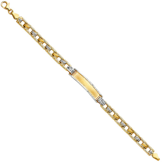 14k Yellow & White Gold 6" Square Curb Fancy ID Bracelet Pear Clasp High Polish