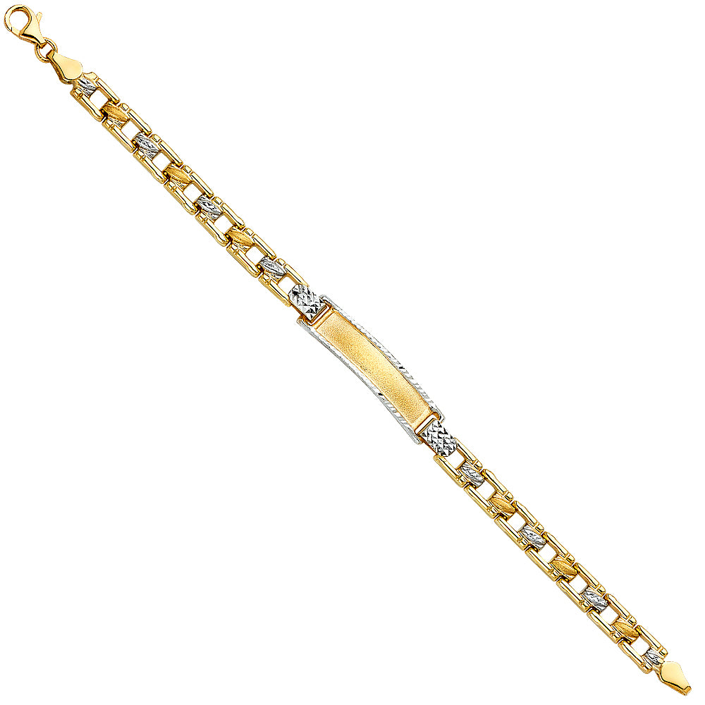 14k Yellow & White Gold 6" Square Curb Fancy ID Bracelet Pear Clasp High Polish