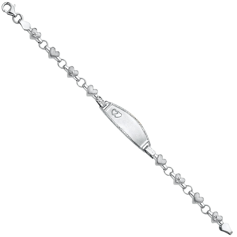 14k White Gold 6" Fancy Heart Link ID Bracelet Pear Clasp High Polished
