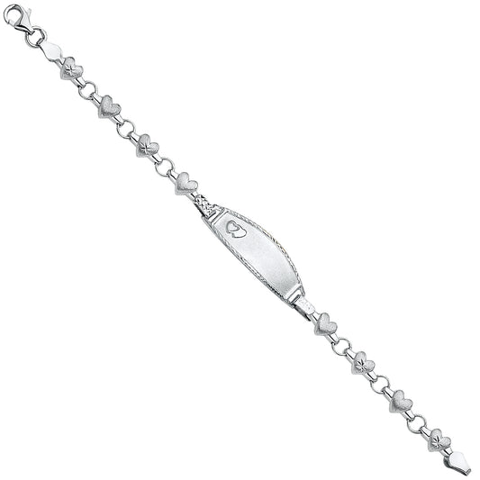 14k White Gold 6" Fancy Heart Link ID Bracelet Pear Clasp High Polished