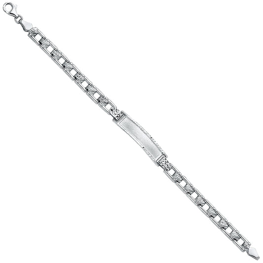 14k White Gold 6" Square Curb Fancy ID Bracelet Pear Clasp High Polished