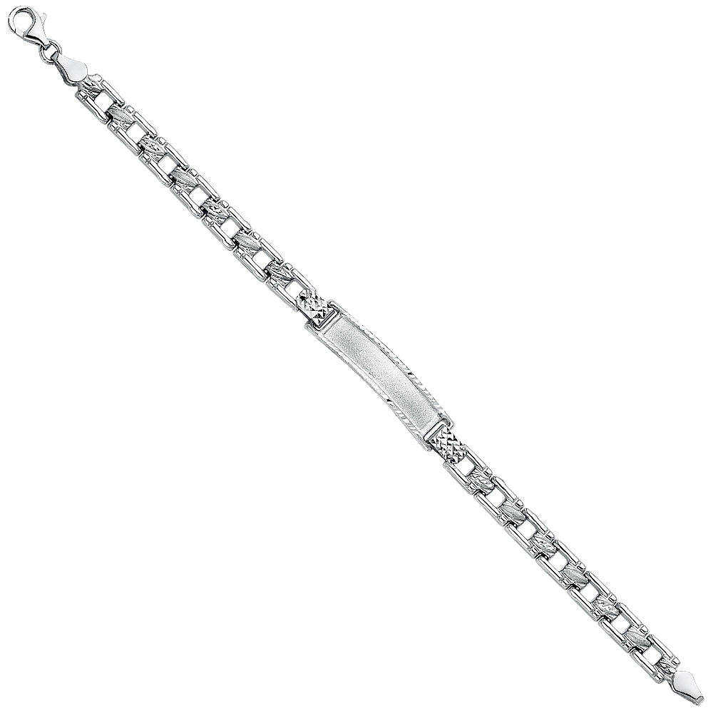 14k White Gold 6" Square Curb Fancy ID Bracelet Pear Clasp High Polished